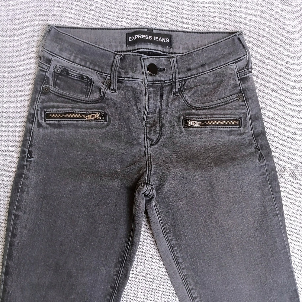 Express Ankle Legging Jeans Womens 0R Gray Excellent Moto Distressed Mid Rise